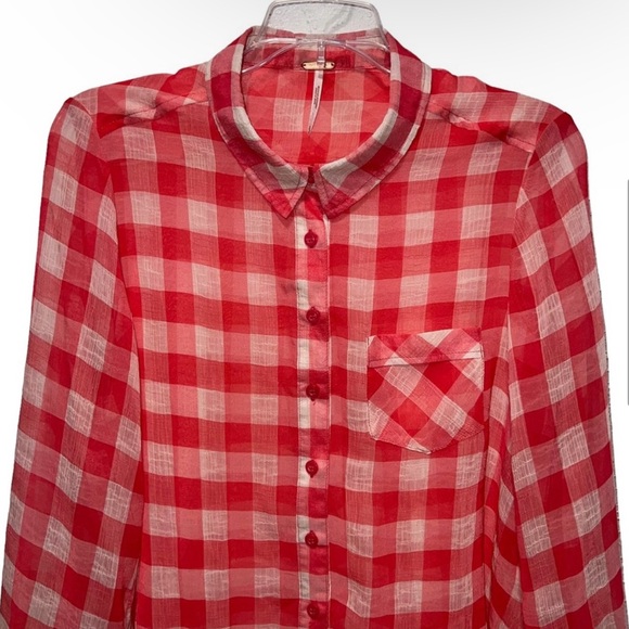 Free People Red and White Checkered Button Down Shirt - Picture 4 of 7